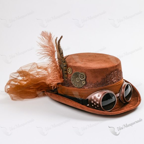 Victorian Brown Steampunk Women Feather lace & Goggles Top Hat Summer Party Mask - Picture 2 of 4